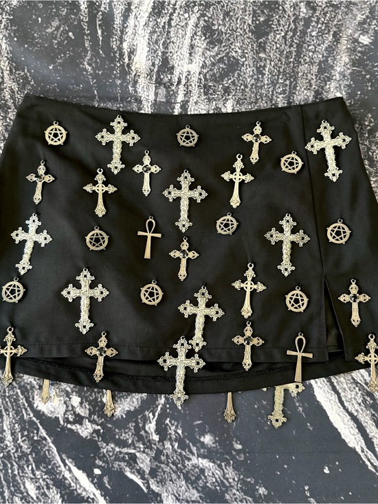 Dolls Kill Dresses & Skirts - Dolls Kill Widow Idol Worship Mini Skirt Size M Black Cross Charms Goth Occult